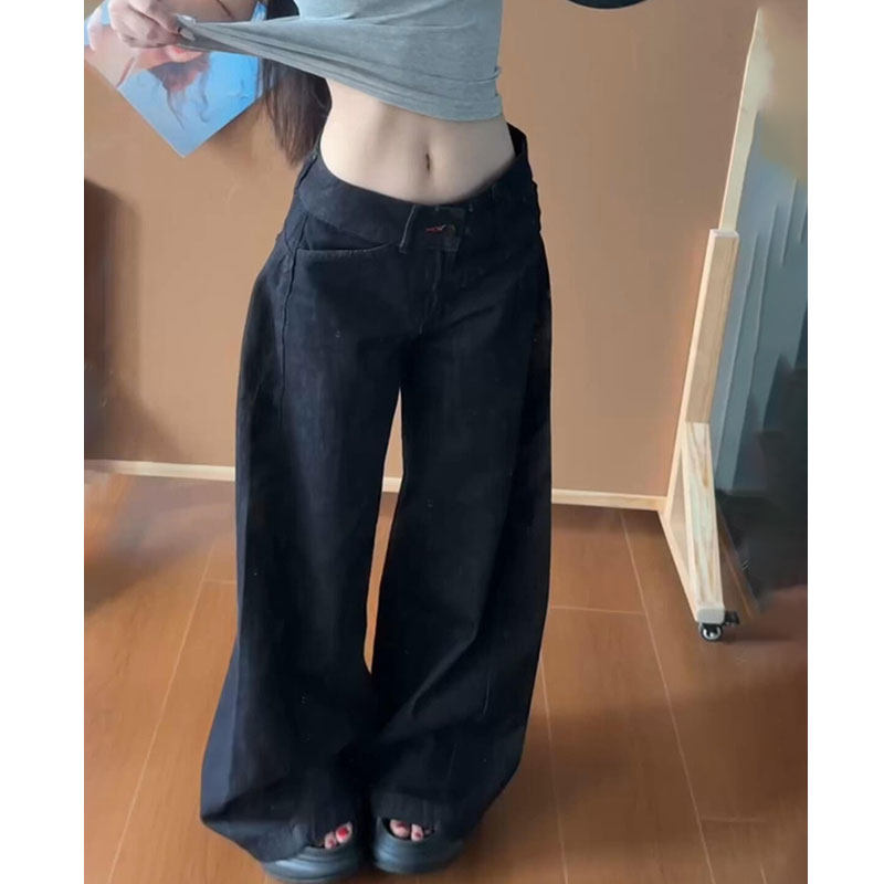 美式深蓝色低腰宽松阔腿牛仔裤女秋季2026新款百搭垂感显瘦直筒裤