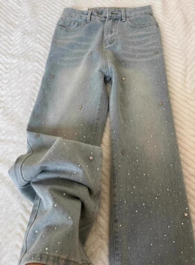 蓝色复古镶钻牛仔裤女2026年春季新款设计感小个子宽松阔腿直筒裤