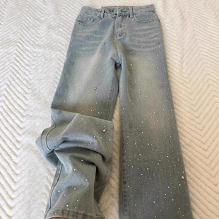 蓝色复古镶钻牛仔裤女2026年春季新款设计感小个子宽松阔腿直筒裤