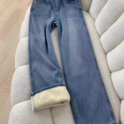 蓝色加绒窄版阔腿牛仔裤女冬季新款宽松显瘦一体绒不臃肿直筒裤子