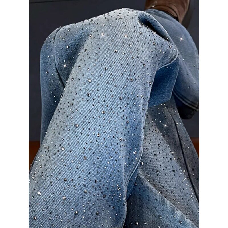 带钻牛仔裤女2026新款直筒裤满天星烫钻爆闪裤亮闪闪的裤子阔腿裤