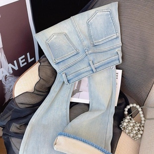显瘦显高喇叭长裤 加厚高腰修身 女2025年冬季 浅蓝色加绒微喇牛仔裤