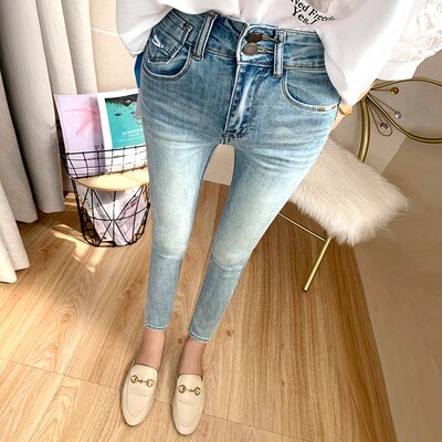闭眼入！春夏新款百搭九分牛仔裤女浅蓝色高腰紧身显瘦小脚裤薄款