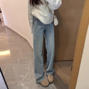浅蓝色细闪烫钻直筒牛仔裤女2026春新款小个子高腰垂感窄版阔腿裤