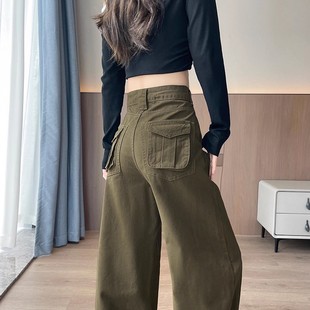 哈伦牛仔裤 2025年秋冬设计感高腰直筒宽松加绒弯刀裤 裤 军绿色工装
