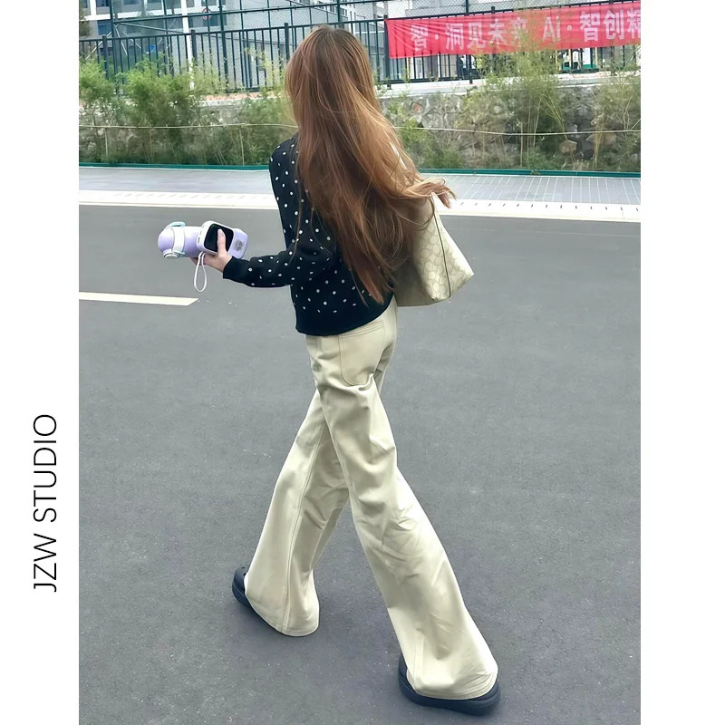 美式卡其高腰微喇牛仔裤女加绒加厚梨型搭配小个子宽松显瘦拖地裤