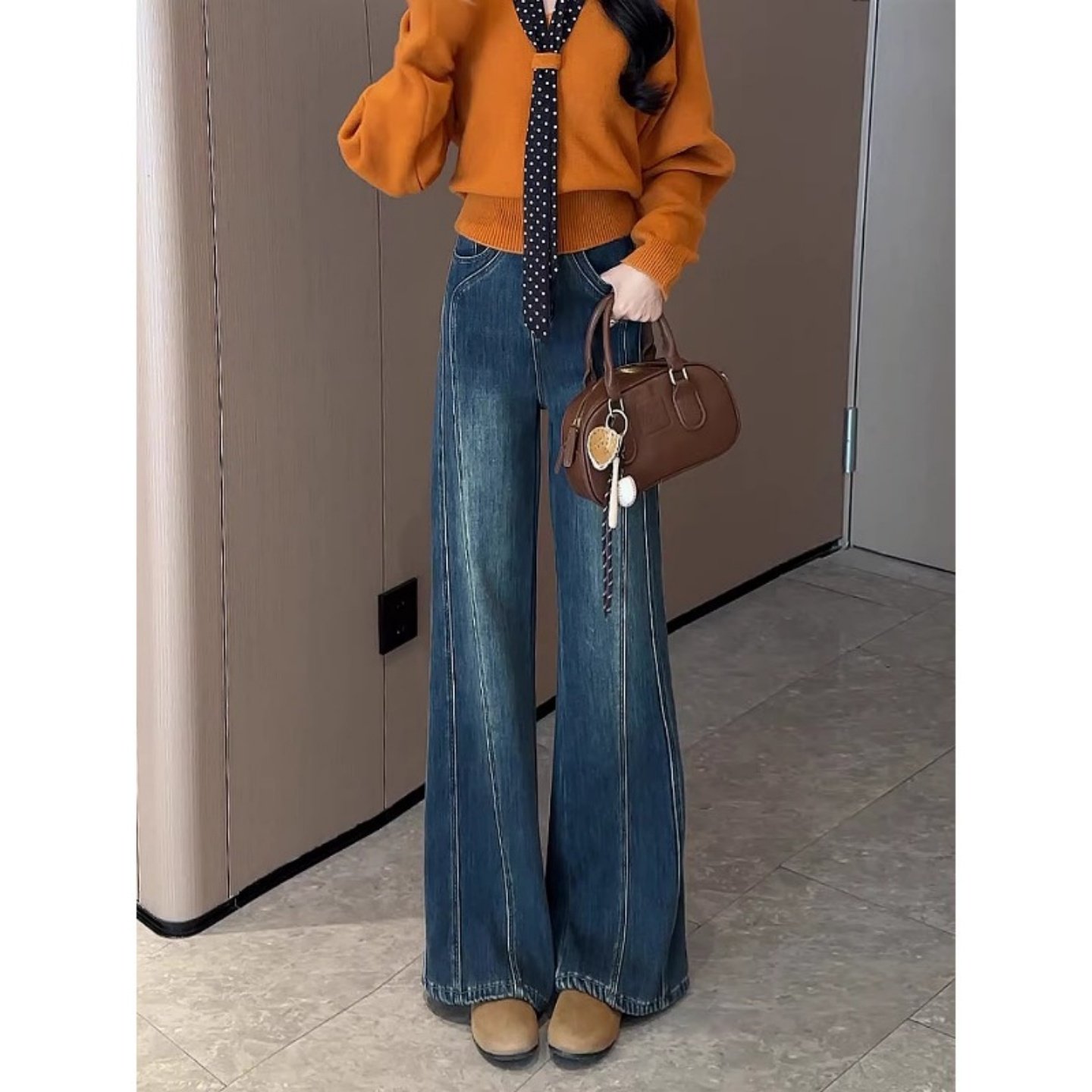 复古蓝阔腿牛仔裤女春季2026新款小个子高腰直筒显瘦加绒加厚女裤