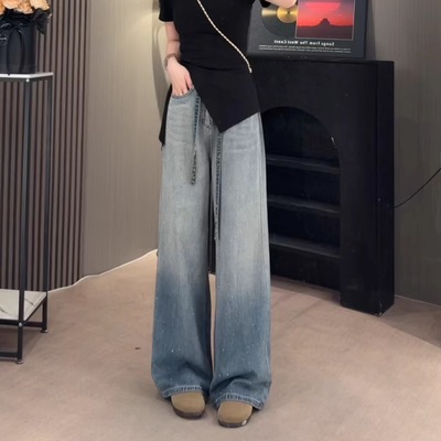 渐变蓝满天星烫钻阔腿牛仔裤女夏薄款2025新款宽松显瘦直筒拖地裤