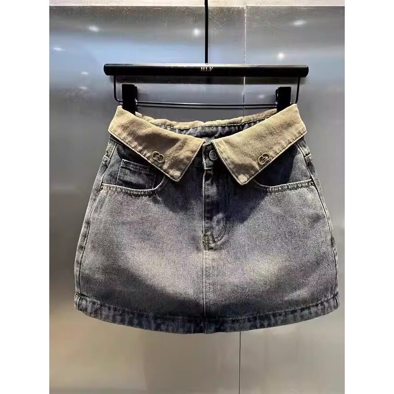翻领设计撞色金属装饰高腰牛仔半身裙小个子防走光复古蓝包臀短裙
