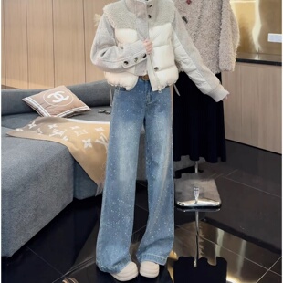 蓝色烫钻加绒宽松阔腿牛仔裤女春季2026高腰显瘦百搭设计感直筒裤