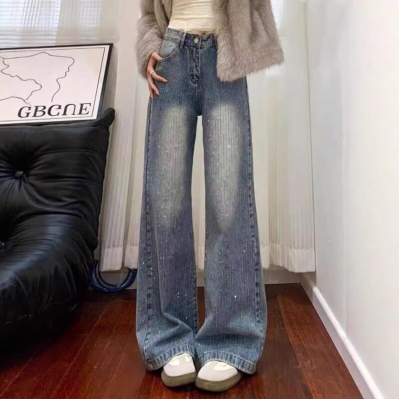 满天星烫钻直筒牛仔裤女2026春季大码胖mm高腰显瘦美式复古阔腿裤