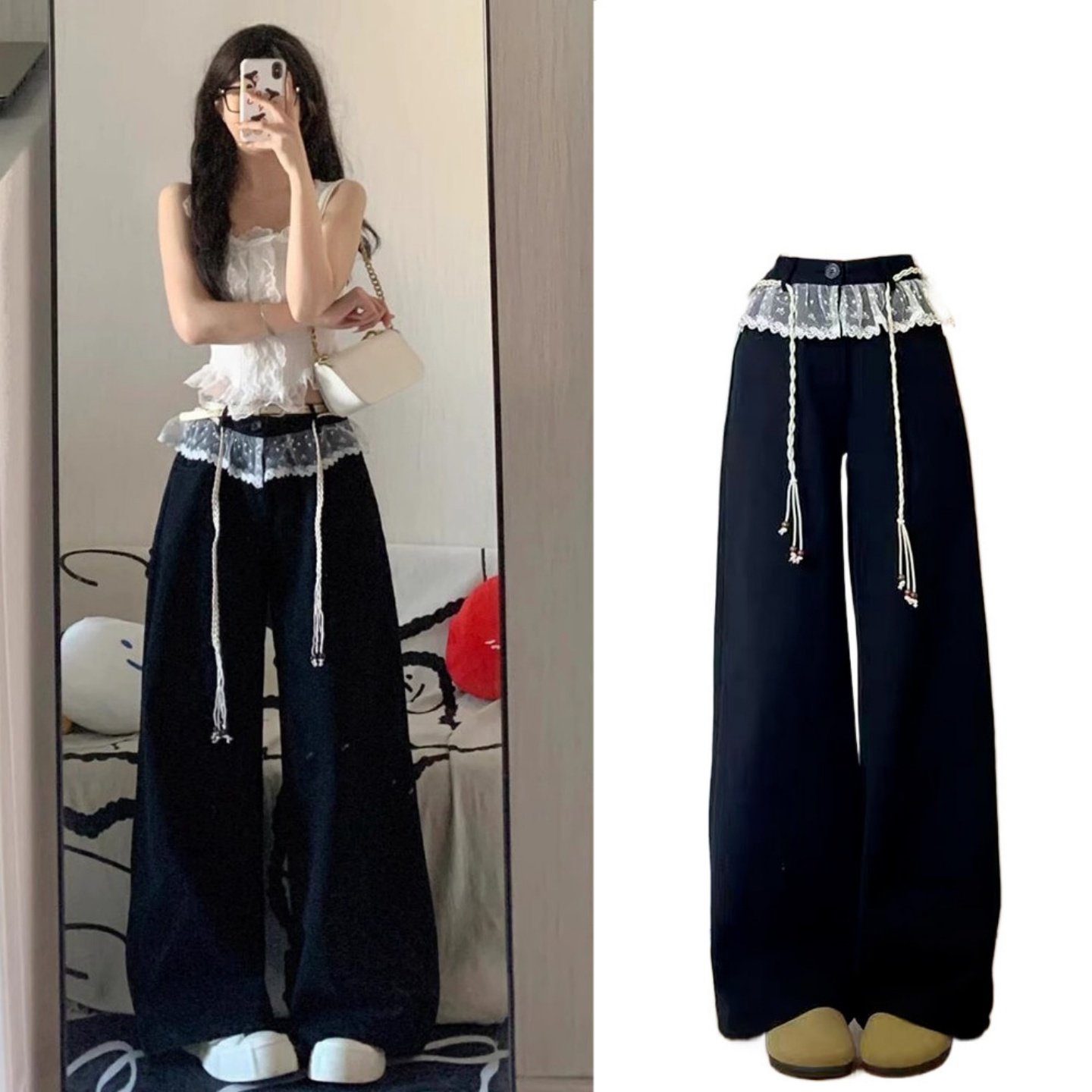 蕾丝拼接小众设计感牛仔裤女春秋新款美式高腰宽松高级感直筒长裤