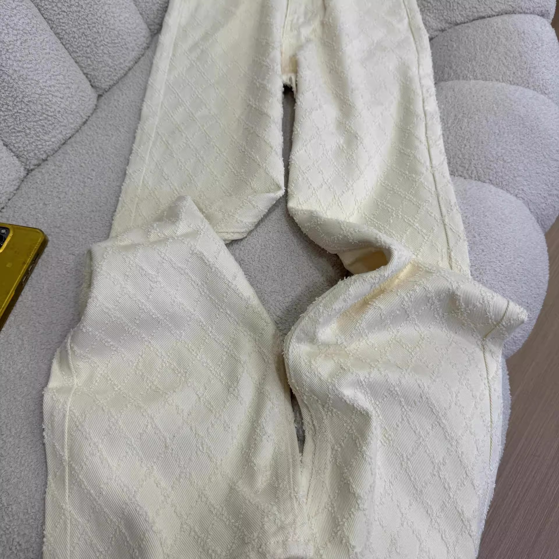 设计感提花杏色宽松直筒休闲牛仔裤女夏季新款高腰显瘦窄版阔腿裤