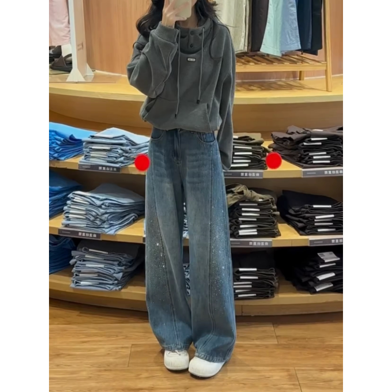 满天星重工烫钻高腰弯刀牛仔裤女2026新款梨形身材蓝色百搭阔腿裤