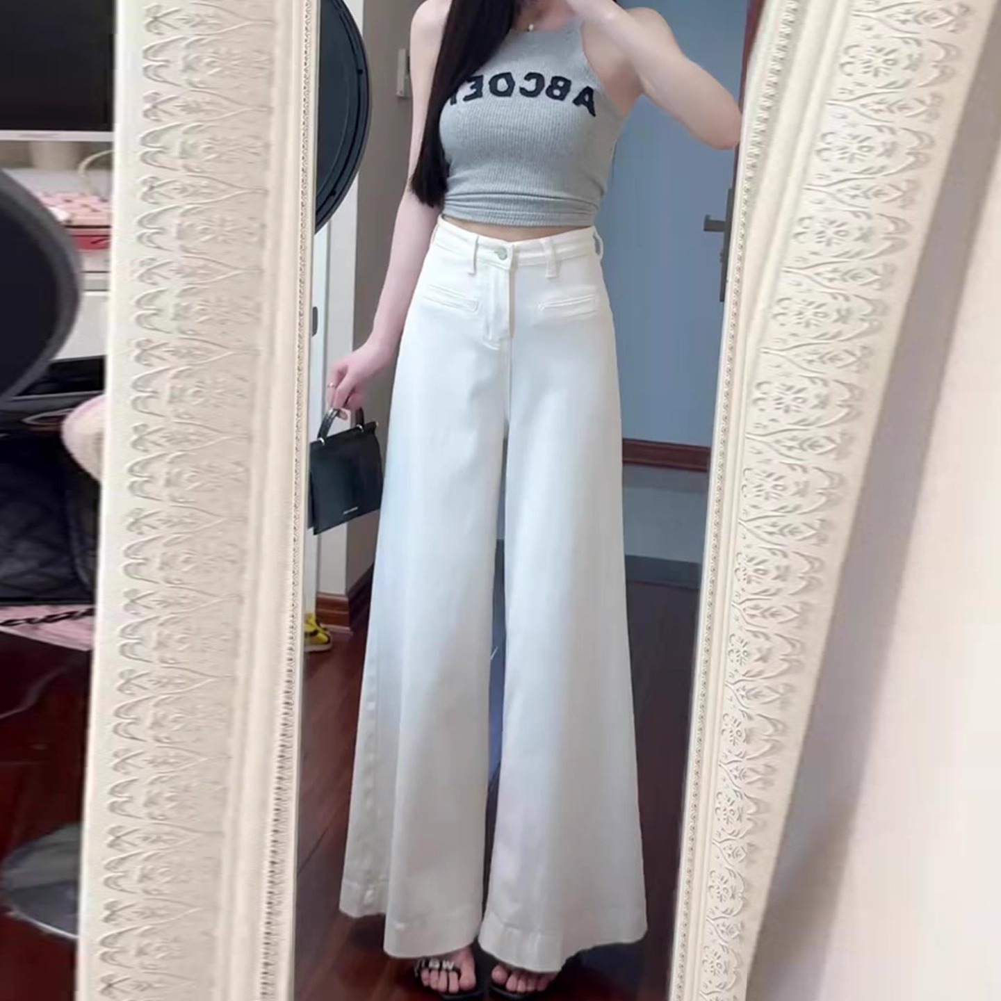 白色时尚百搭阔腿牛仔裤女2025夏季新款高腰宽松大码垂感拖地长裤