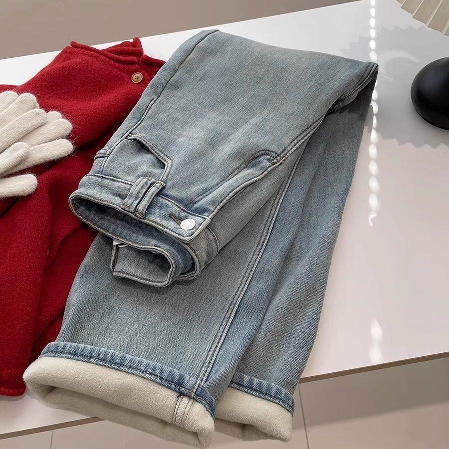 复古做旧浅蓝色窄版阔腿加绒牛仔裤女！冬季高腰显瘦直筒休闲长裤,女装/女士精品,牛仔裤,淘宝优惠券,粉丝福利购,淘宝优惠卷