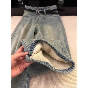 做旧小个子加绒牛仔裤女秋冬季2025新款高腰垂感显瘦直筒阔腿长裤