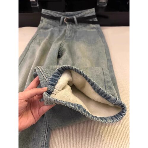 做旧小个子加绒牛仔裤女秋冬季2025新款高腰垂感显瘦直筒阔腿长裤