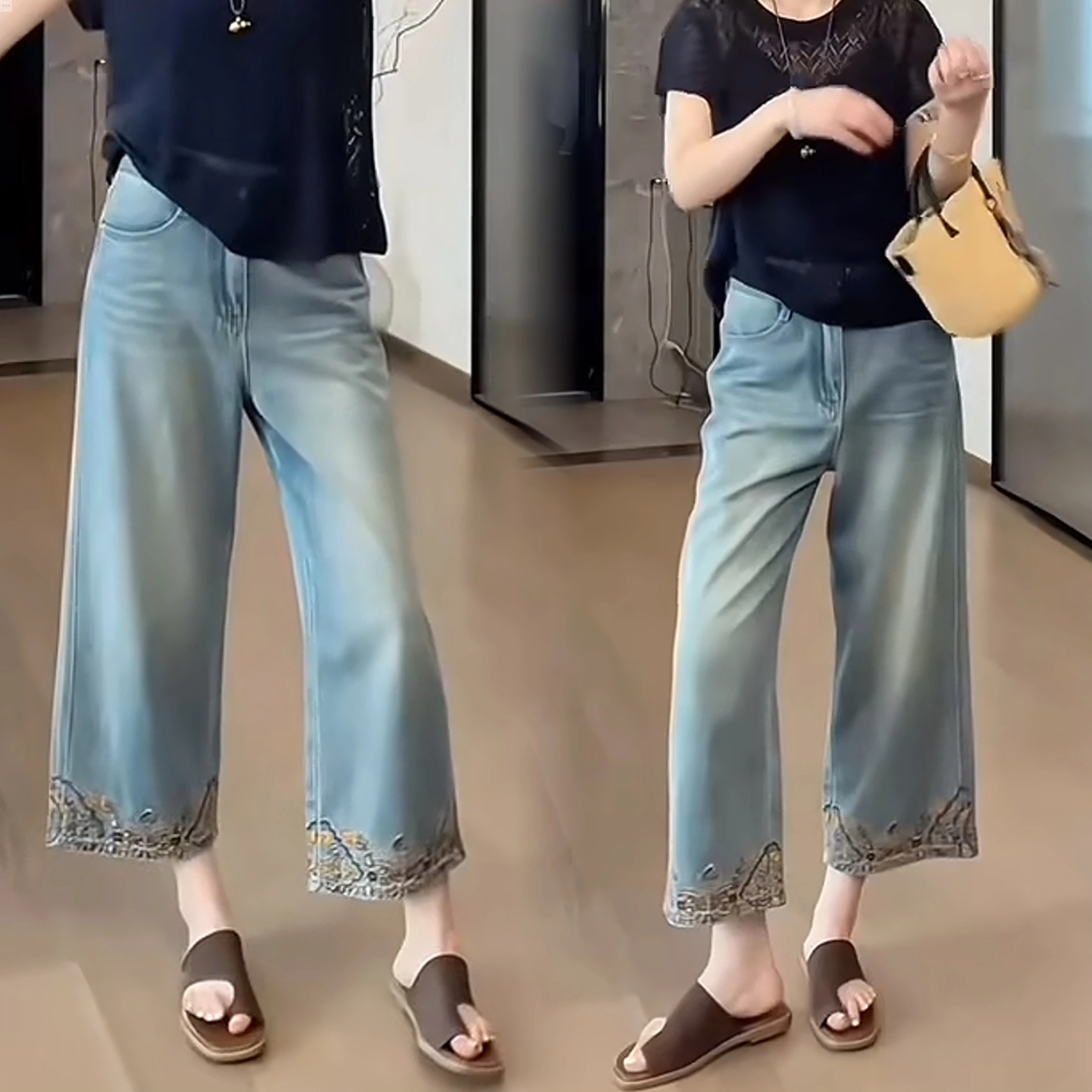 欧货设计感八分直筒牛仔裤女2025夏季新款国风刺绣小众高腰阔腿裤