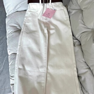 秋冬新款加绒宽松直筒牛仔裤女高腰显瘦时尚休闲白色窄版阔腿裤