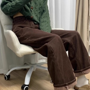 咖色牛仔裤女2025秋季新款胖mm显瘦直筒裤大码阔腿美拉德棕色裤子