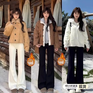 黑色加绒不贴腿微喇牛仔裤女秋冬新款小个子四面弹高腰显瘦喇叭裤