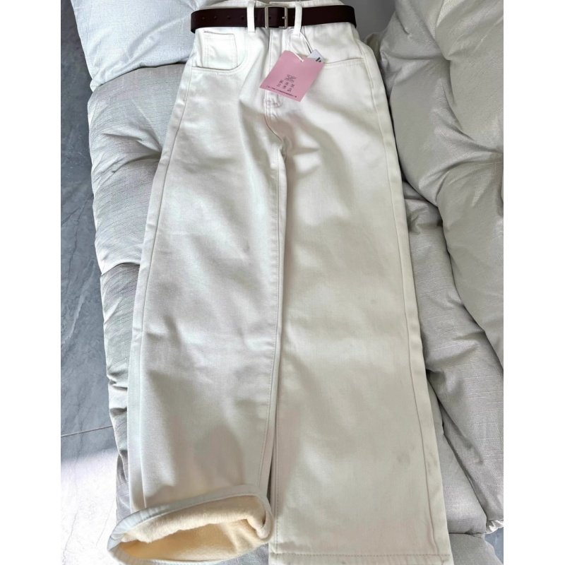 秋冬新款加绒宽松直筒牛仔裤女高腰显瘦时尚休闲白色窄版阔腿裤