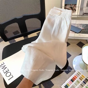 白色亚麻休闲裤子女夏季2025高腰百搭宽松显瘦小个子直筒阔腿裤潮