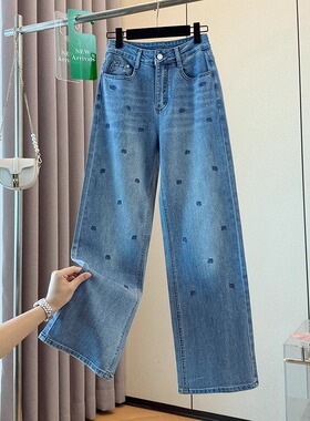 美式复古蓝色玫瑰刺绣烫钻牛仔裤2026新款高腰重工水洗显瘦直筒裤