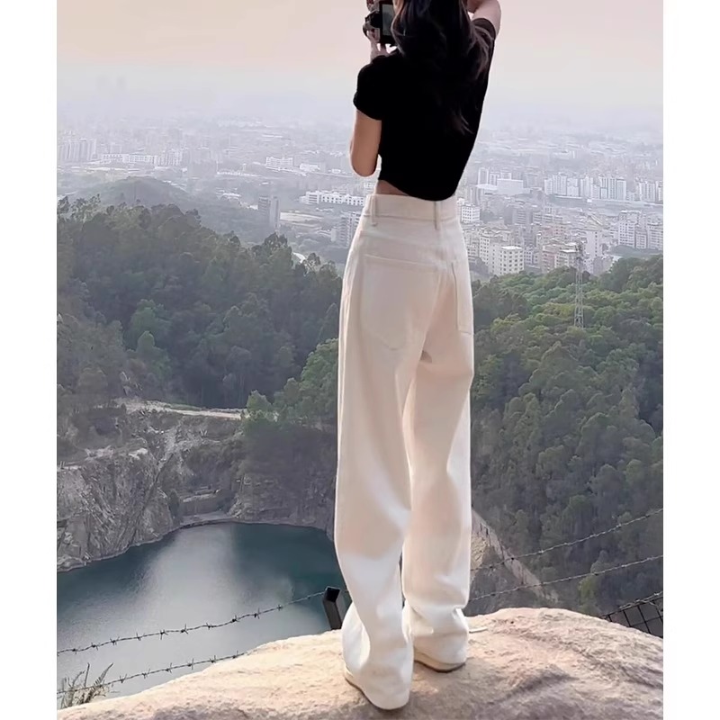 白色高腰阔腿牛仔裤女小个子2024秋季新款宽松直筒窄版垂感拖地裤