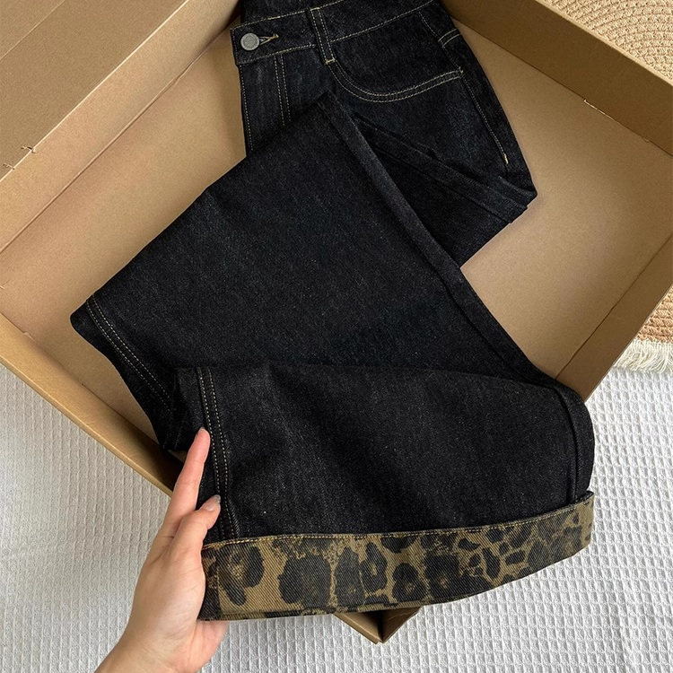 美式复古蓝色豹纹卷边阔腿牛仔裤女春夏季高腰宽松撞色直筒长裤子