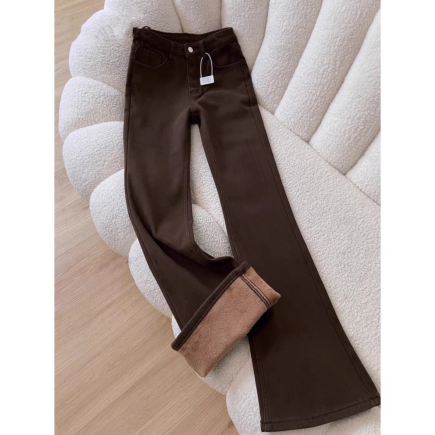 美式复古咖色加绒加厚微喇牛仔裤女2025新款秋冬高腰小个子喇叭裤