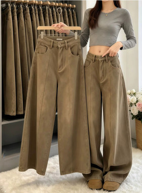 梨型身材卡其色牛仔阔腿牛仔裤女2026秋季复古宽松bf慵懒风直筒裤