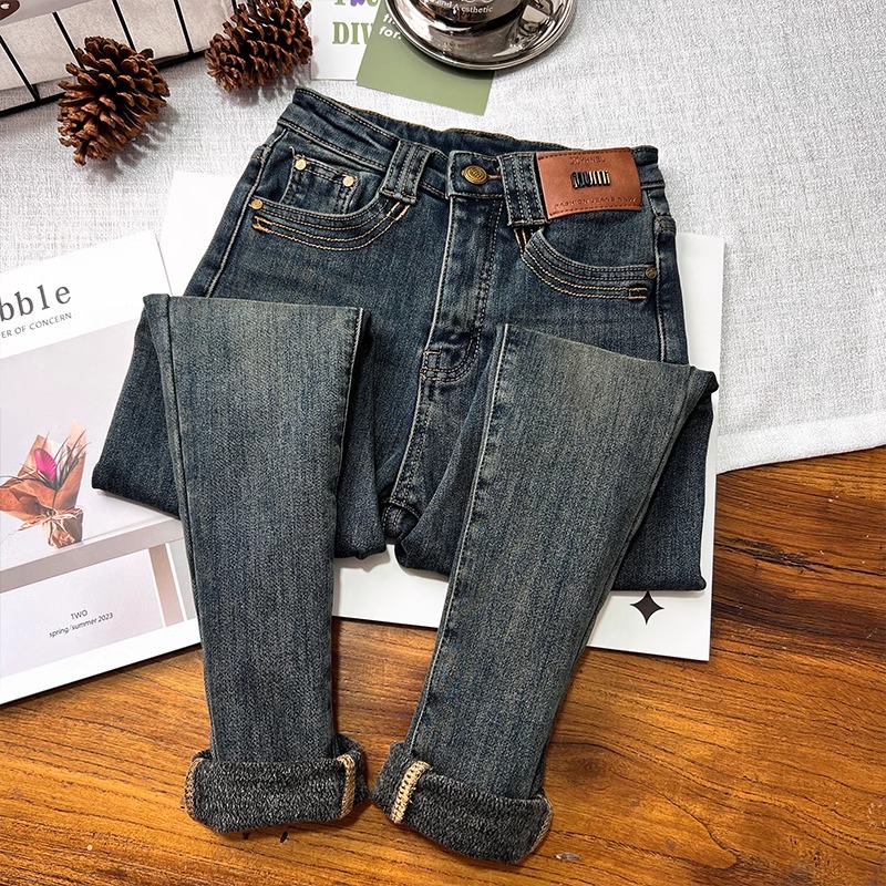 水泥灰加绒加厚小脚牛仔裤女2025年秋冬季新款高腰紧身爆款靴裤子