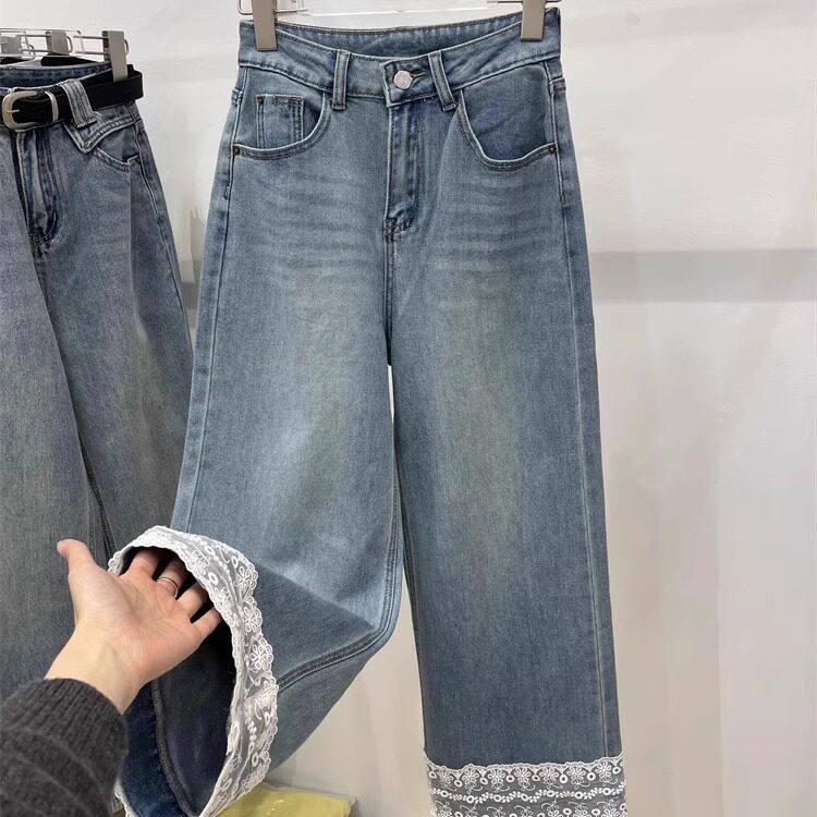 2025春季新款牛仔裤女高腰显瘦浅蓝色阔腿蕾丝拼接挽裤腿直筒长裤
