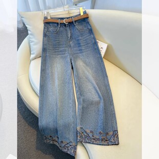 国风刺绣阔腿牛仔裤女春秋季2026新款小个子八分裤高腰宽松直筒裤