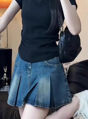 复古百褶牛仔短裙女高腰夏季新款小个子显瘦梨形身材a字半身裙子