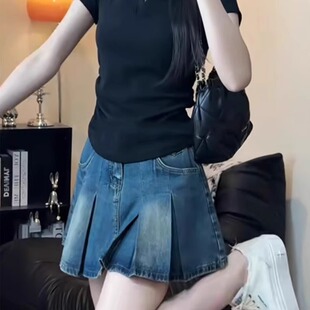 复古百褶牛仔短裙女高腰夏季新款小个子显瘦梨形身材a字半身裙子