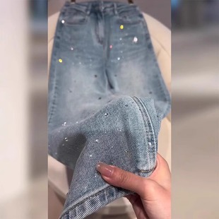 星星烫钻蓝色阔腿牛仔裤女2026春季新款宽松窄版直筒小个子长裤子
