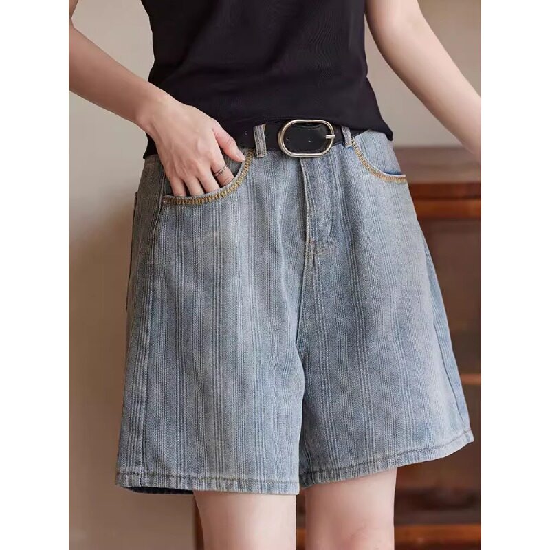 蓝色复古牛仔短裤女夏季2026新款大码胖mm高腰宽松薄款阔腿五分裤