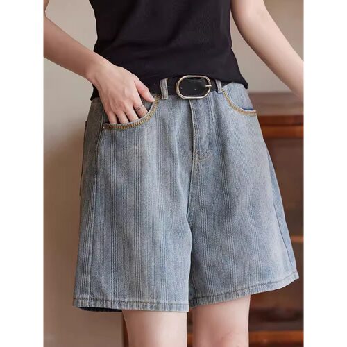 蓝色复古牛仔短裤女夏季2026新款大码胖mm高腰宽松薄款阔腿五分裤
