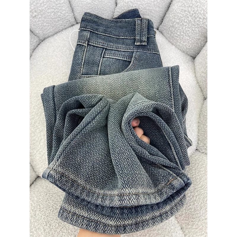 星空纹麦穗牛仔裤女秋薄款胖妹妹mm梨形身材高腰遮胯显瘦阔腿长裤