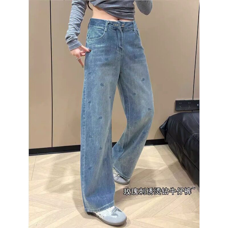 重工刺绣烫钻牛仔裤女2026春季新款设计感大码胖妹妹高腰直筒长裤