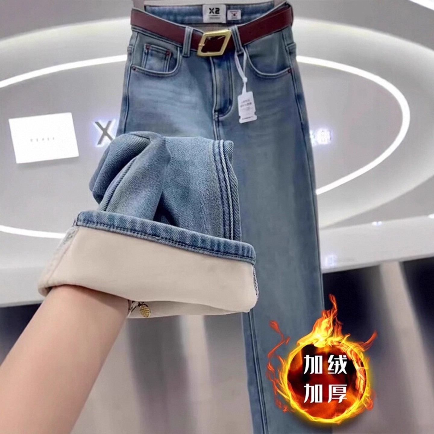 蓝色加绒直筒牛仔裤女秋冬新款小个子胖mm高腰显瘦百搭窄版阔腿裤