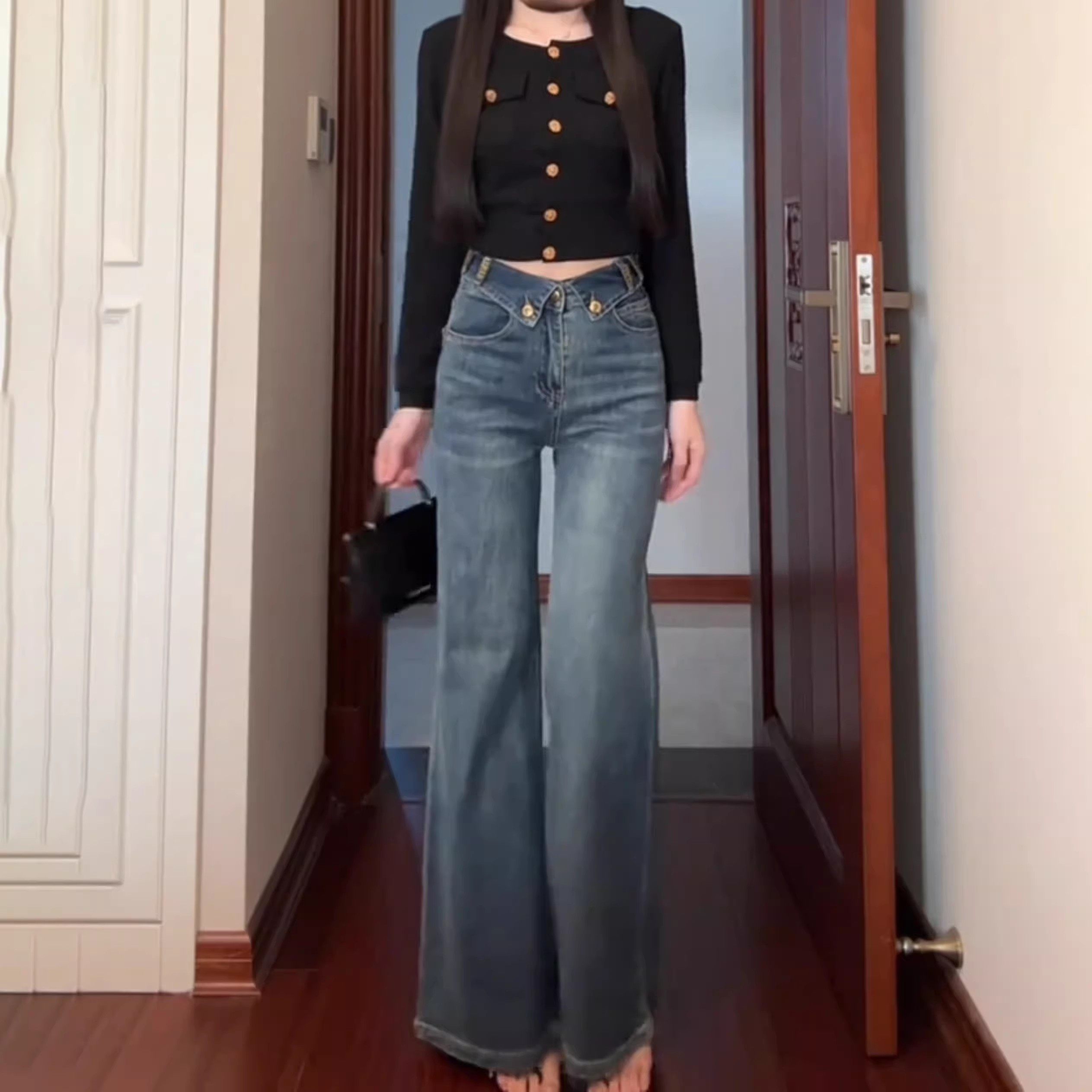 复古蓝高腰阔腿微喇牛仔裤女2026春秋新款小个子显瘦垂感喇叭裤子