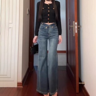 复古蓝高腰阔腿微喇牛仔裤女2026春秋新款小个子显瘦垂感喇叭裤子