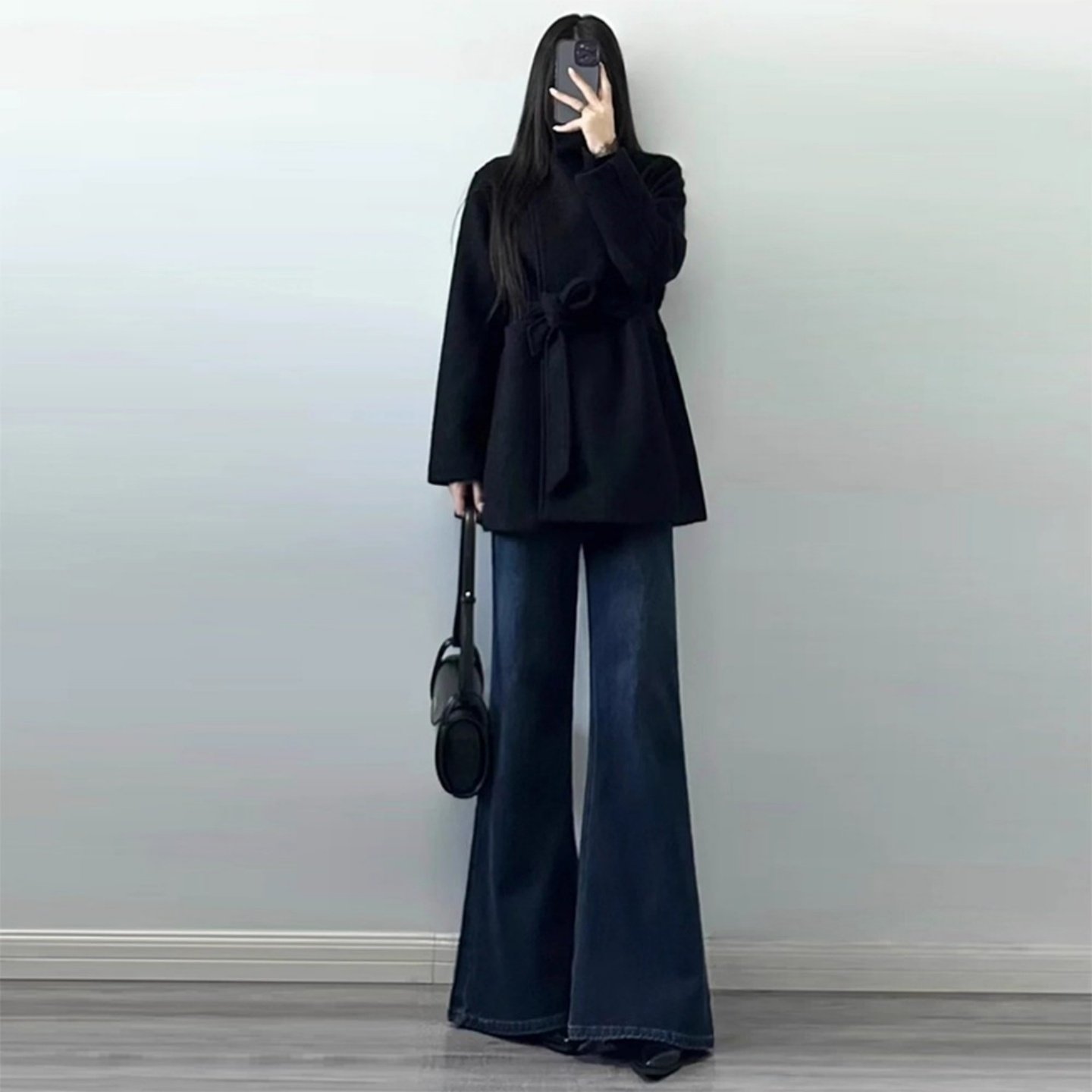 美式复古深色加绒加厚微喇牛仔裤女2025新款冬高腰不贴腿喇叭裤子