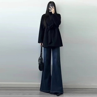 美式复古深色加绒加厚微喇牛仔裤女2025新款冬高腰不贴腿喇叭裤子