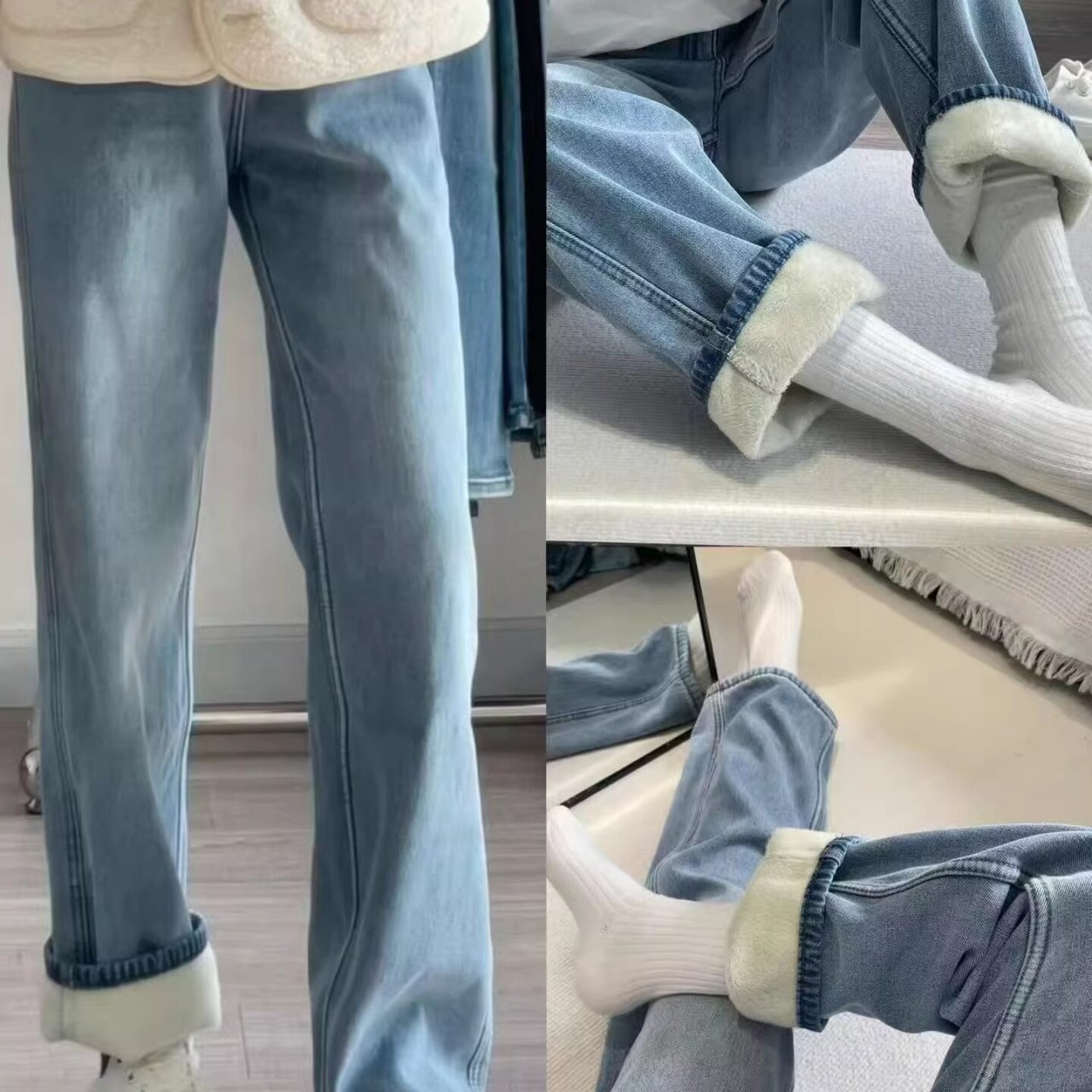 浅蓝色加绒加厚宽松直筒牛仔裤女秋冬新款高腰显瘦百搭窄版牛仔裤