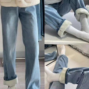 浅蓝色加绒加厚宽松直筒牛仔裤女秋冬新款高腰显瘦百搭窄版牛仔裤